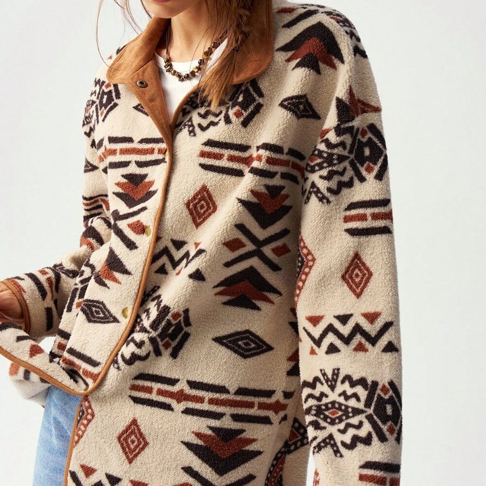 Multicolor Casual Women's Geometric Print Reversible Fleece Jacket - Picture 8 of 8
